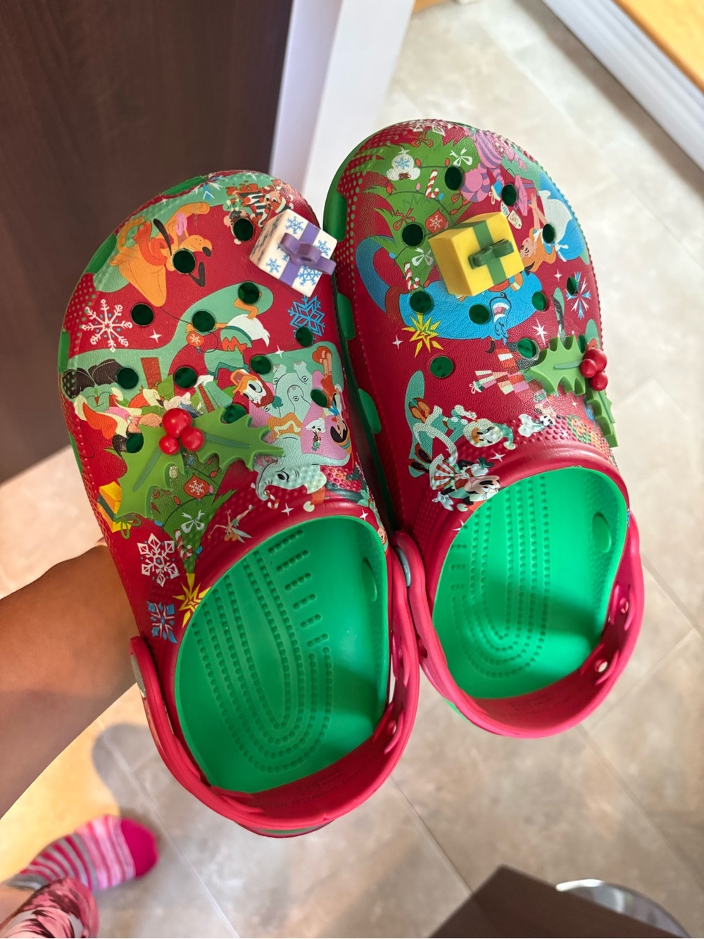 CROCS Disney Christmas Red Clogs with Green Insoles and Holiday Print